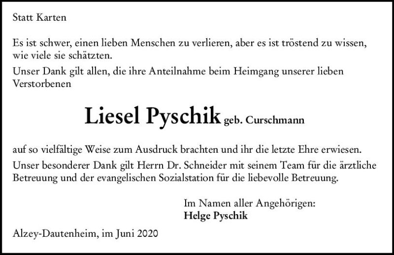  Traueranzeige für Liesel Pyschick vom 06.06.2020 aus vrm-trauer