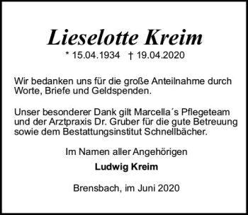 Traueranzeige von Lieselotte Kreim von vrm-trauer