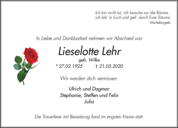 Traueranzeige von Lieselotte Lehr von vrm-trauer