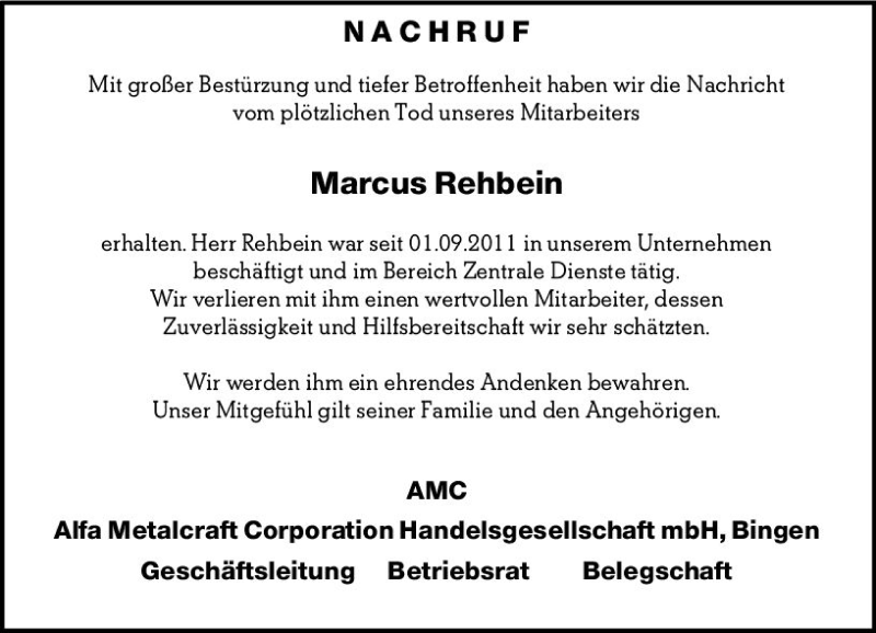  Traueranzeige für Marcus Rehbein vom 15.06.2020 aus vrm-trauer
