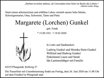 Traueranzeige von Margarete  Gunkel von vrm-trauer