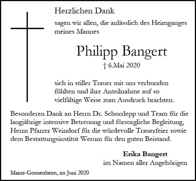  Traueranzeige für Philipp Bangert vom 13.06.2020 aus vrm-trauer