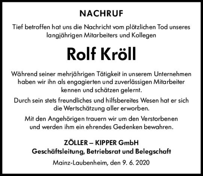  Traueranzeige für Rolf Kröll vom 09.06.2020 aus vrm-trauer