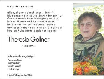 Traueranzeige von Theresia Gollner von vrm-trauer