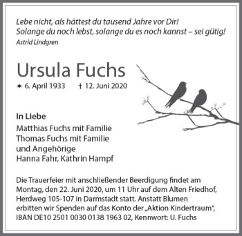 Traueranzeige von Ursula Fuchs von vrm-trauer