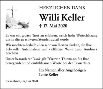 Traueranzeige von Willi Keller von vrm-trauer
