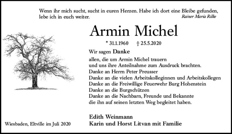  Traueranzeige für Armin Michel vom 04.07.2020 aus vrm-trauer