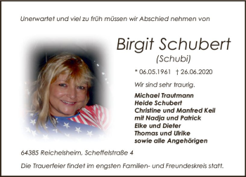 Traueranzeige von Birgit Schubert von vrm-trauer