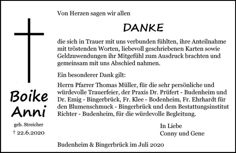  Traueranzeige für Boike Anni vom 25.07.2020 aus vrm-trauer