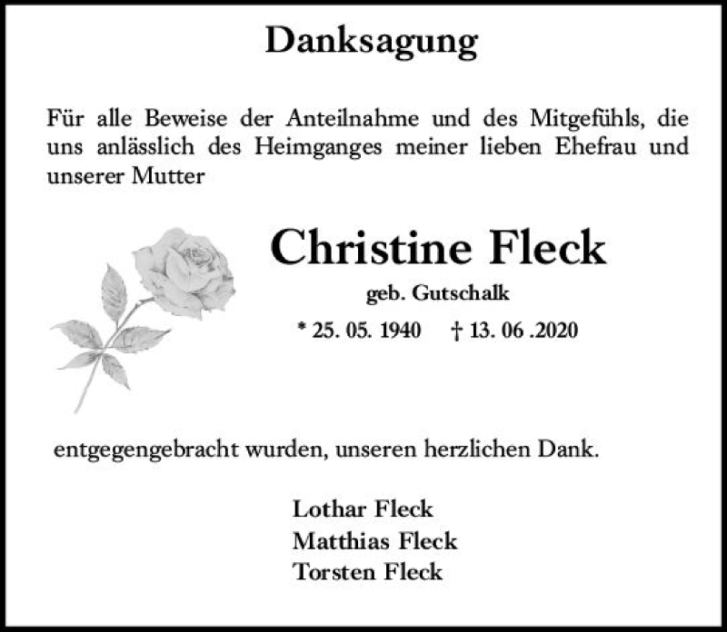  Traueranzeige für Christine Fleck vom 11.07.2020 aus vrm-trauer