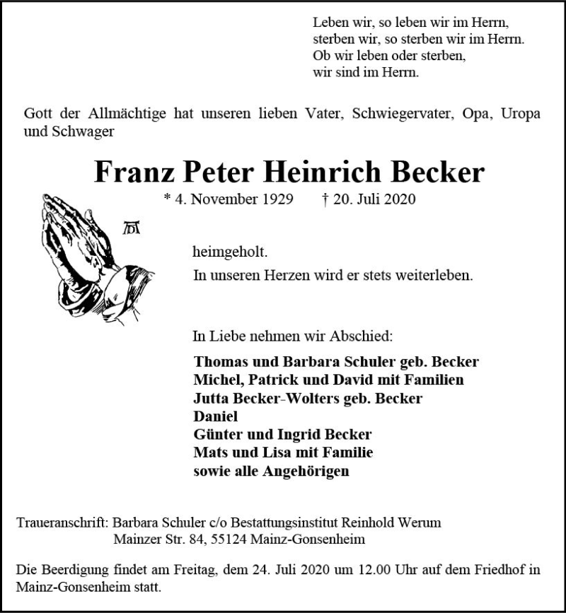  Traueranzeige für Franz Peter Heinrich Becker vom 22.07.2020 aus vrm-trauer