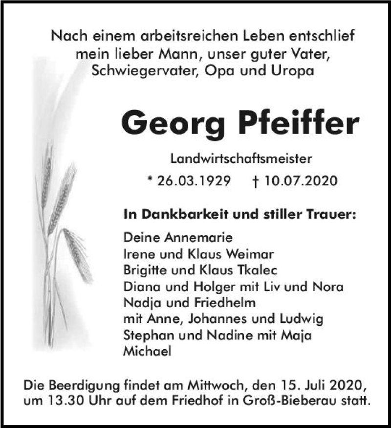  Traueranzeige für Georg Pfeiffer vom 13.07.2020 aus vrm-trauer