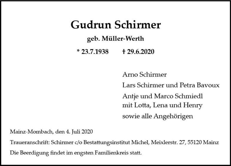  Traueranzeige für Gudrun Schirmer vom 04.07.2020 aus vrm-trauer