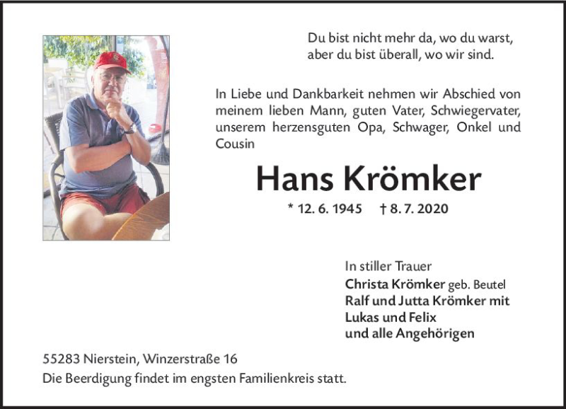  Traueranzeige für Hans Krömker vom 11.07.2020 aus vrm-trauer