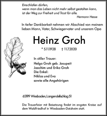 Traueranzeige von Heinz Groh von vrm-trauer