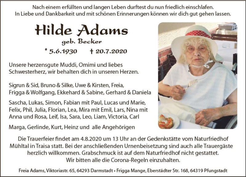  Traueranzeige für Hilde Adams vom 29.07.2020 aus vrm-trauer