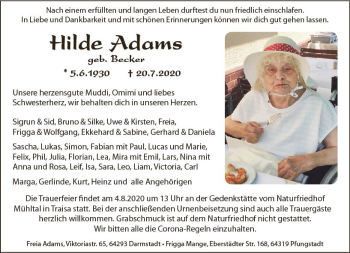 Traueranzeige von Hilde Adams von vrm-trauer