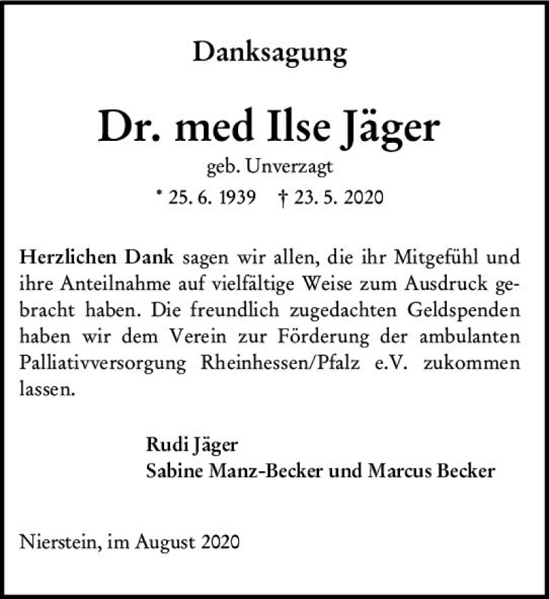  Traueranzeige für Ilse Jäger vom 01.08.2020 aus vrm-trauer