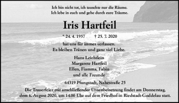 Traueranzeige von Iris Hartfeil von vrm-trauer