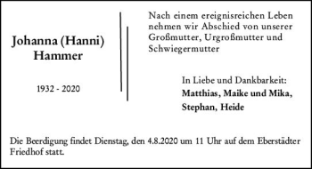 Traueranzeige von Johanna Hammer von vrm-trauer