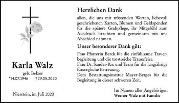 Traueranzeige von Karla Walz von vrm-trauer