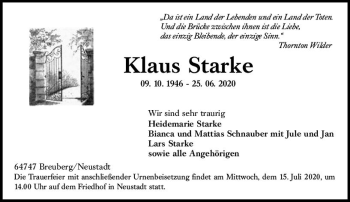 Traueranzeige von Klaus Starke von vrm-trauer