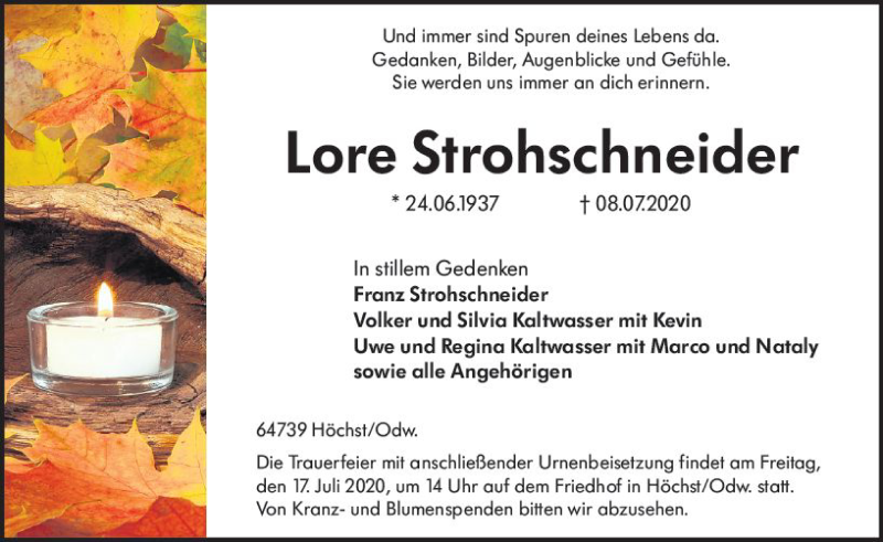  Traueranzeige für Lore Strohschneider vom 15.07.2020 aus vrm-trauer