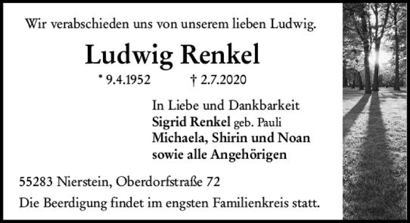  Traueranzeige für Ludwig Renkel vom 04.07.2020 aus vrm-trauer