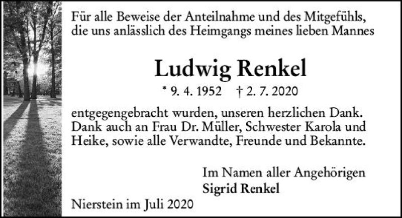  Traueranzeige für Ludwig Renkel vom 25.07.2020 aus vrm-trauer