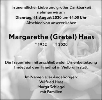 Traueranzeige von Margarethe Haas von vrm-trauer