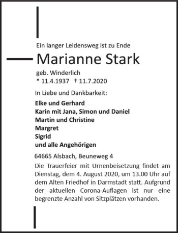 Traueranzeige von Marianne Stark von vrm-trauer