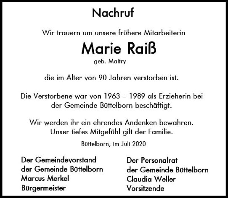 Traueranzeige für Marie Raiß vom 11.07.2020 aus vrm-trauer