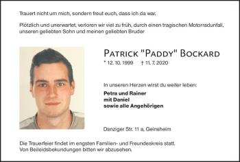 Traueranzeige von Patrick Bockard von vrm-trauer