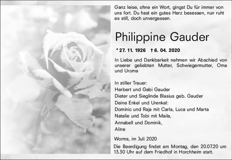  Traueranzeige für Philippine Gauder vom 18.07.2020 aus vrm-trauer