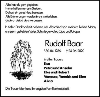 Traueranzeige von Rudolf Baar von vrm-trauer