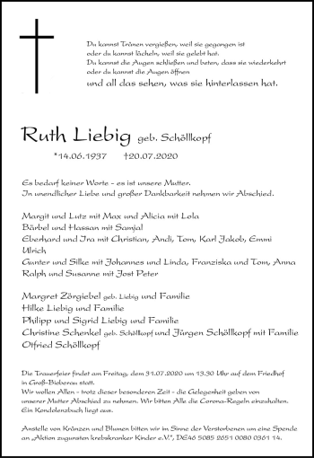 Traueranzeige von Ruth Liebig von vrm-trauer