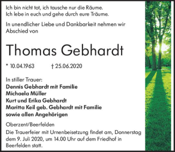 Traueranzeige von Thomas Gebhardt von vrm-trauer