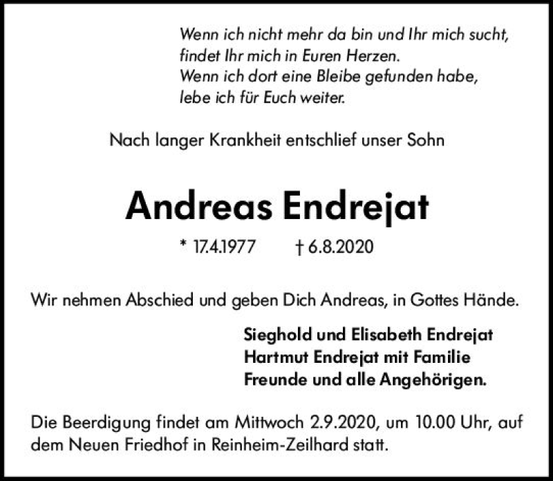  Traueranzeige für Andreas Endrejat vom 29.08.2020 aus vrm-trauer