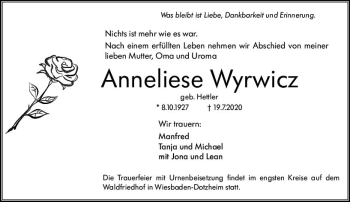 Traueranzeige von Anneliese Wyrwicz von vrm-trauer