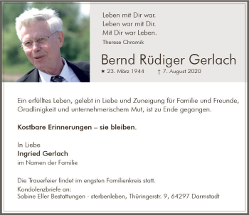 Traueranzeige von Bernd Rüdiger Gerlach von vrm-trauer