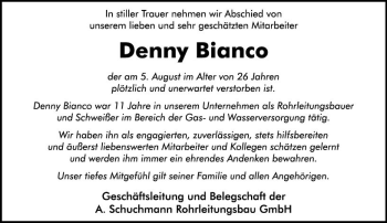Traueranzeige von Denny Bianco von vrm-trauer