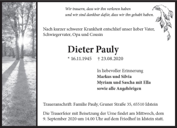 Traueranzeige von Dieter Pauly von vrm-trauer