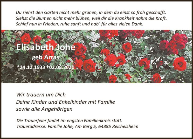  Traueranzeige für Elisabeth Johe vom 05.08.2020 aus vrm-trauer