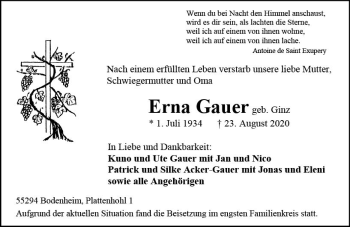 Traueranzeige von Erna Gauer von vrm-trauer