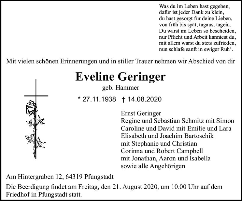  Traueranzeige für Eveline Geringer vom 20.08.2020 aus vrm-trauer