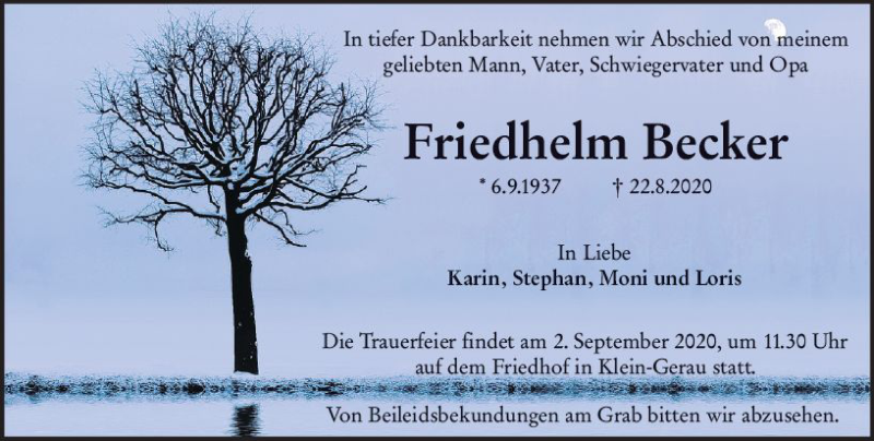  Traueranzeige für Friedhelm Becker vom 29.08.2020 aus vrm-trauer