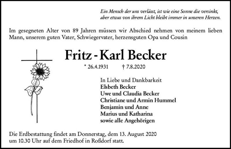 Traueranzeige für Fritz-Karl Becker vom 11.08.2020 aus vrm-trauer