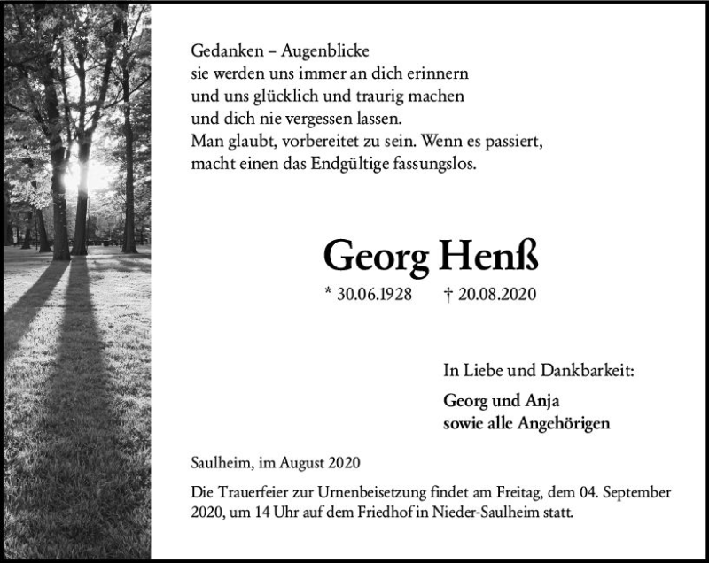  Traueranzeige für Georg Henß vom 29.08.2020 aus vrm-trauer