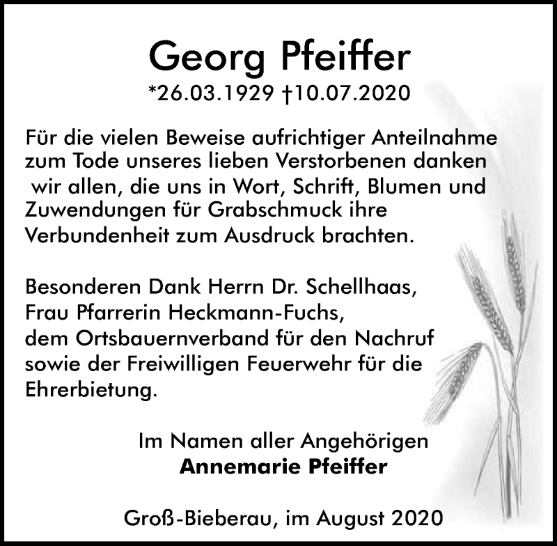  Traueranzeige für Georg Pfeiffer vom 08.08.2020 aus vrm-trauer
