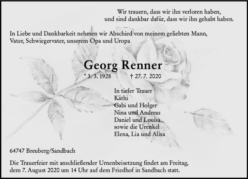  Traueranzeige für Georg Renner vom 04.08.2020 aus vrm-trauer